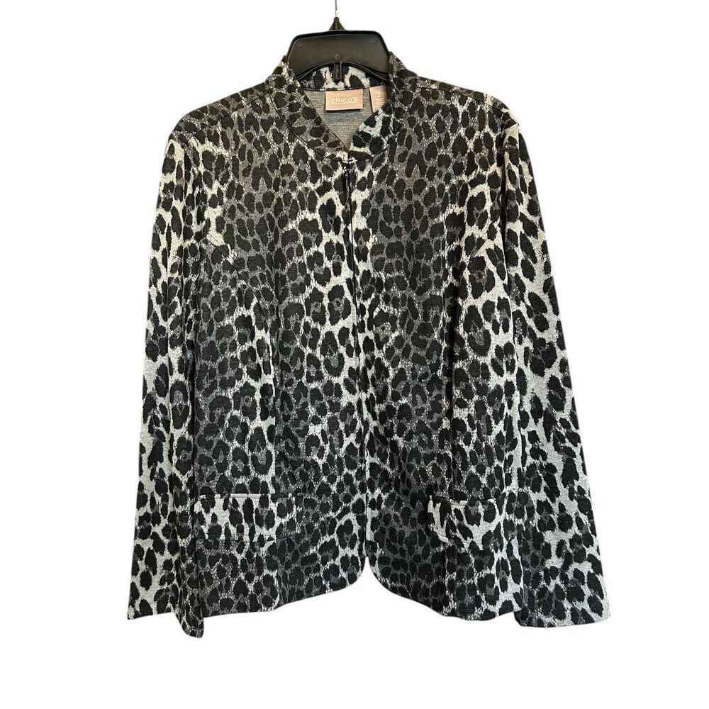 Chico’s Grayscale Cheetah Victoria Classic Animal Print Zip Blazer NWT Sz 2 L